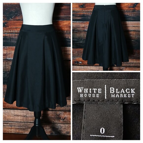 White House Black Market Skirt Size 0 Blac Flared Full Pleated Zip Back Pockets - Picture 1 of 8